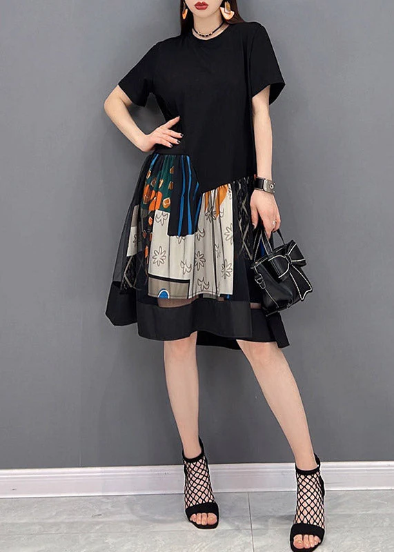 Fashion Black O-Neck Patchwork Tulle Mid Dresses Short Sleeve - Image 3