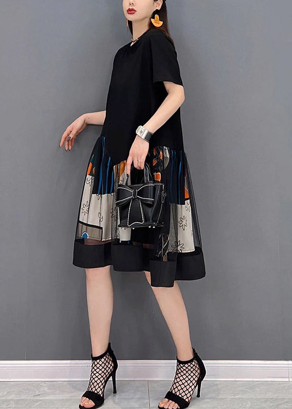 Fashion Black O-Neck Patchwork Tulle Mid Dresses Short Sleeve - Image 4