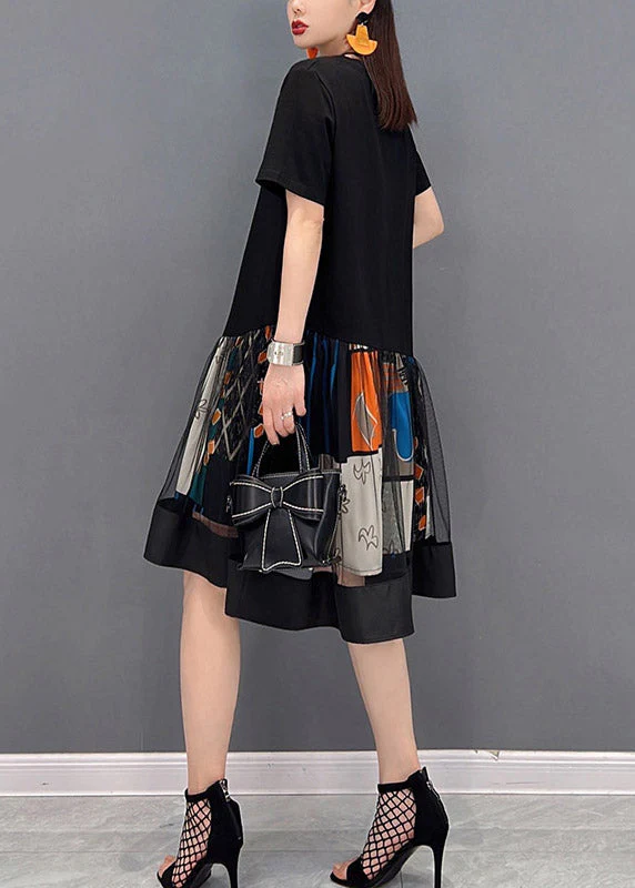 Fashion Black O-Neck Patchwork Tulle Mid Dresses Short Sleeve - Image 5