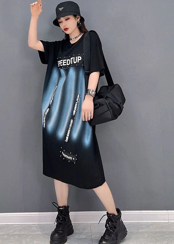 Fashion Black O-Neck Print Cotton Streetwear Dress Short Sleeve - Image 2