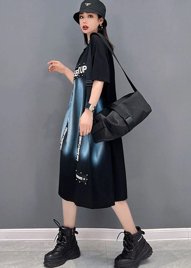 Fashion Black O-Neck Print Cotton Streetwear Dress Short Sleeve - Image 3