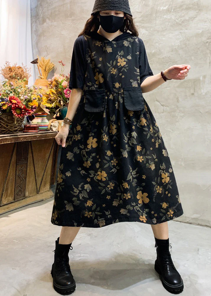 Fashion Black O-Neck Print Pockets Cotton Long Dress Sleeveless - Image 2