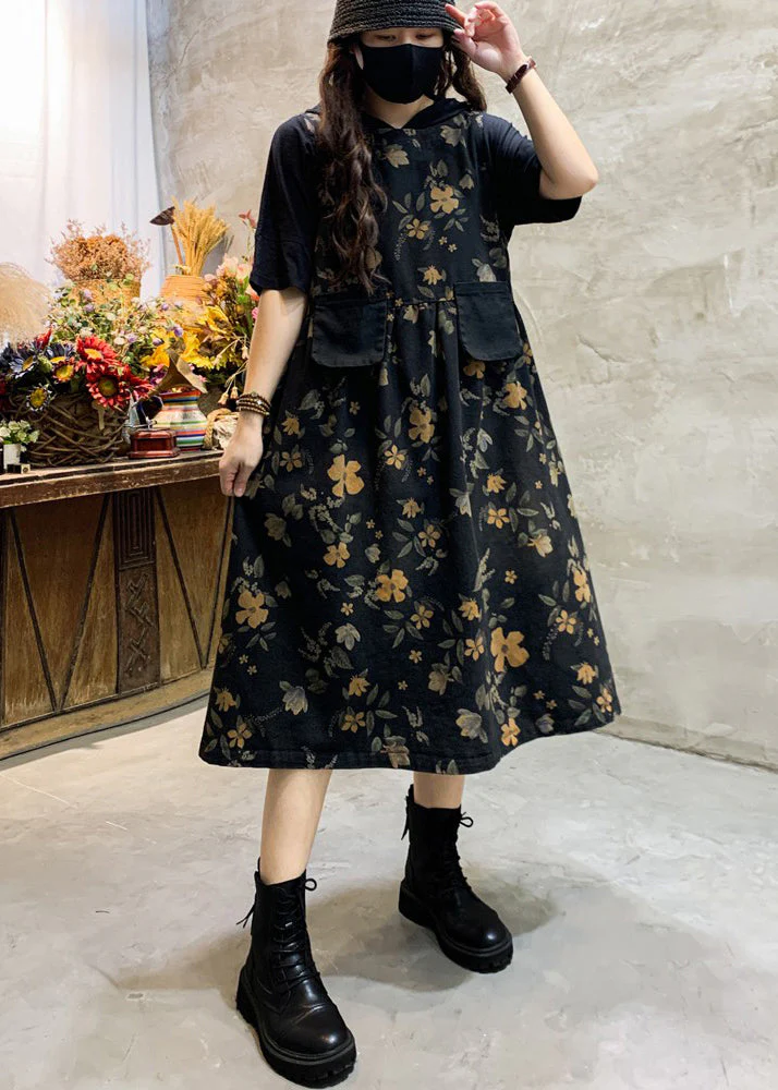 Fashion Black O-Neck Print Pockets Cotton Long Dress Sleeveless - Image 3