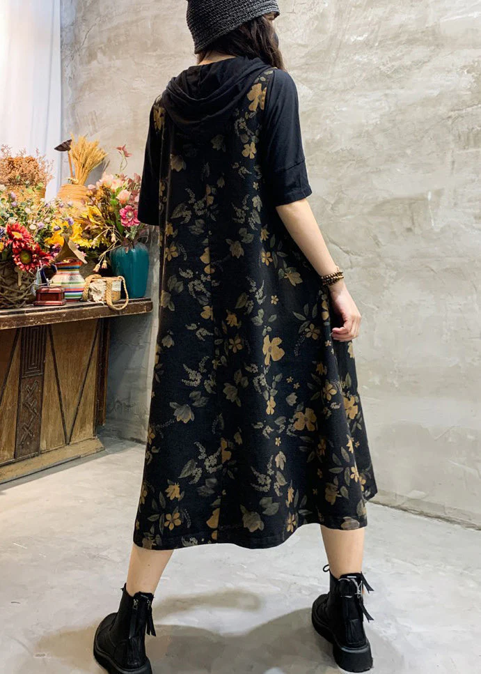 Fashion Black O-Neck Print Pockets Cotton Long Dress Sleeveless - Image 4