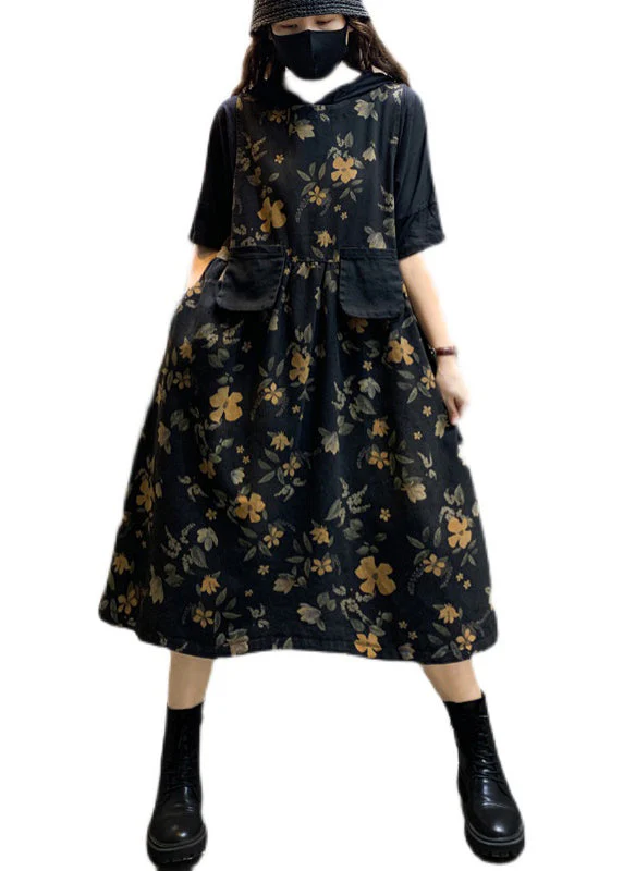 Fashion Black O-Neck Print Pockets Cotton Long Dress Sleeveless - Image 5