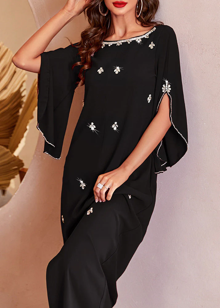 Fashion Black O-Neck Side Open Zircon Chiffon Long Dress Summer - Image 3