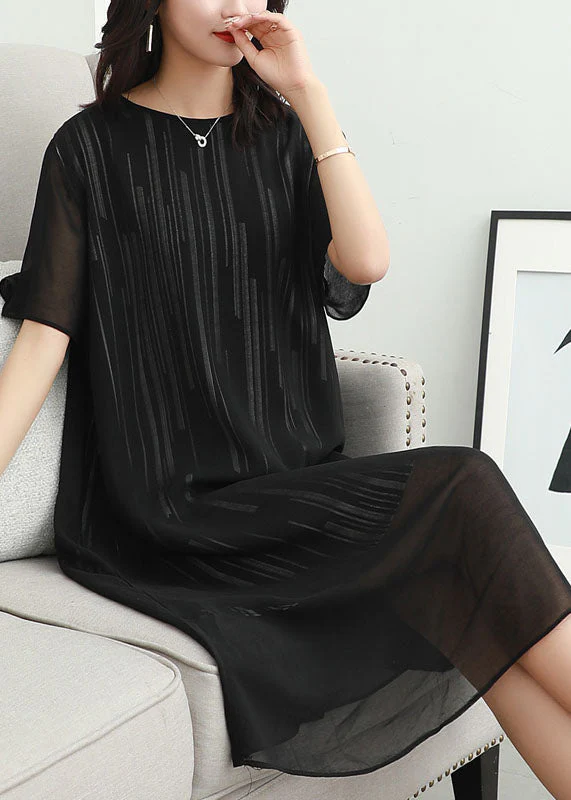Fashion Black O Neck Striped Patchwork Chiffon Dress Summer - Image 3