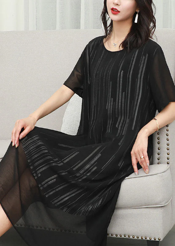 Fashion Black O Neck Striped Patchwork Chiffon Dress Summer - Image 4