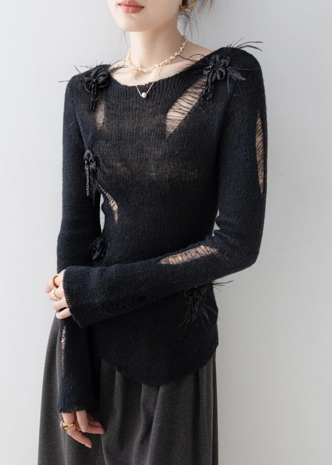 Fashion Black O Neck Tassel Floral Knit Top Spring - Image 4