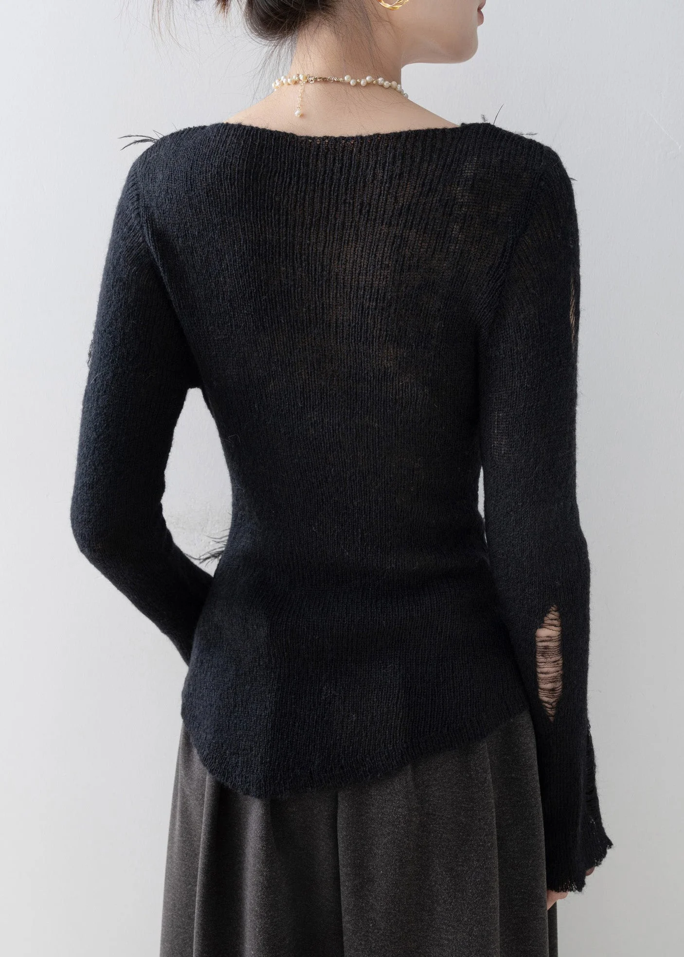 Fashion Black O Neck Tassel Floral Knit Top Spring - Image 5