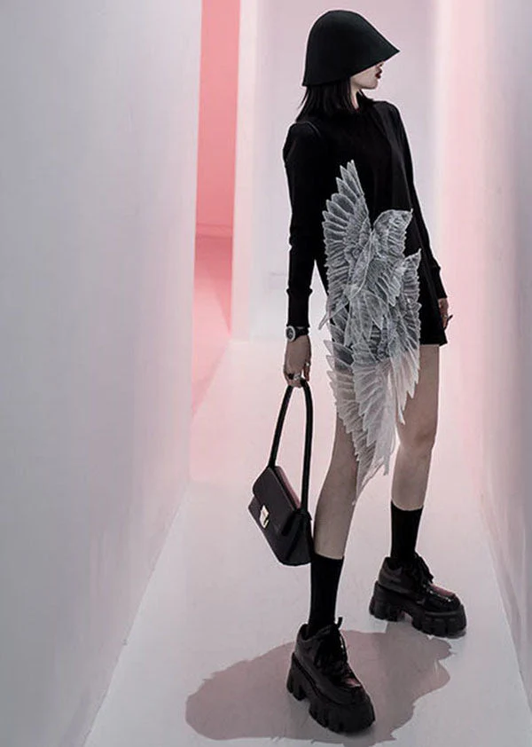 Fashion Black O-Neck Wing Embroideried Tulle Patchwork Cotton Mini Dress Long Sleeve - Image 2