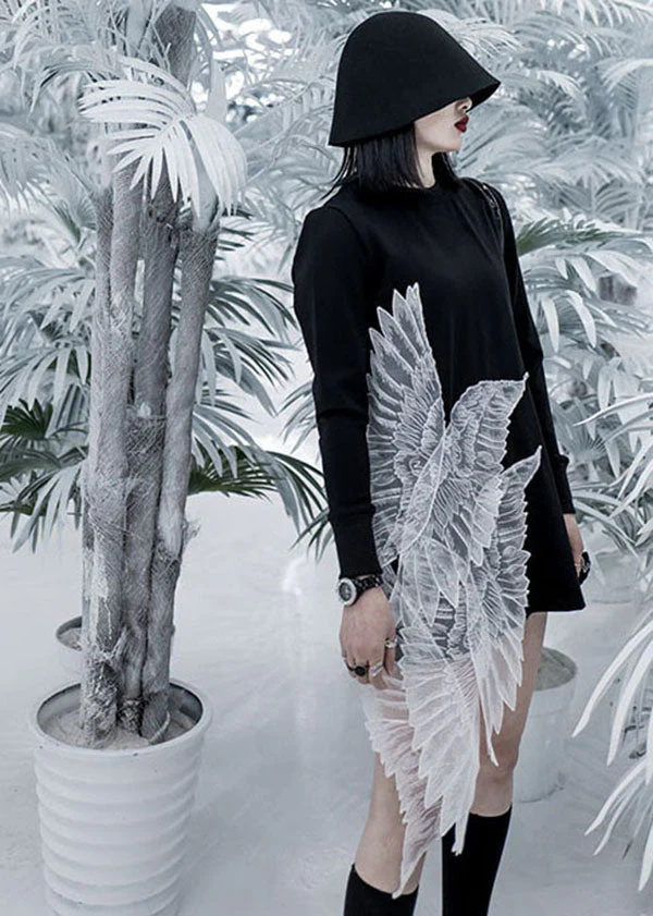 Fashion Black O-Neck Wing Embroideried Tulle Patchwork Cotton Mini Dress Long Sleeve - Image 3