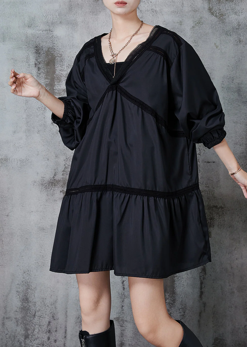 Fashion Black Oversized Patchwork Cotton Work Dress Fall - Image 2