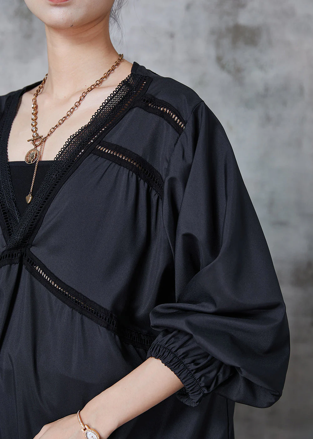 Fashion Black Oversized Patchwork Cotton Work Dress Fall - Image 5