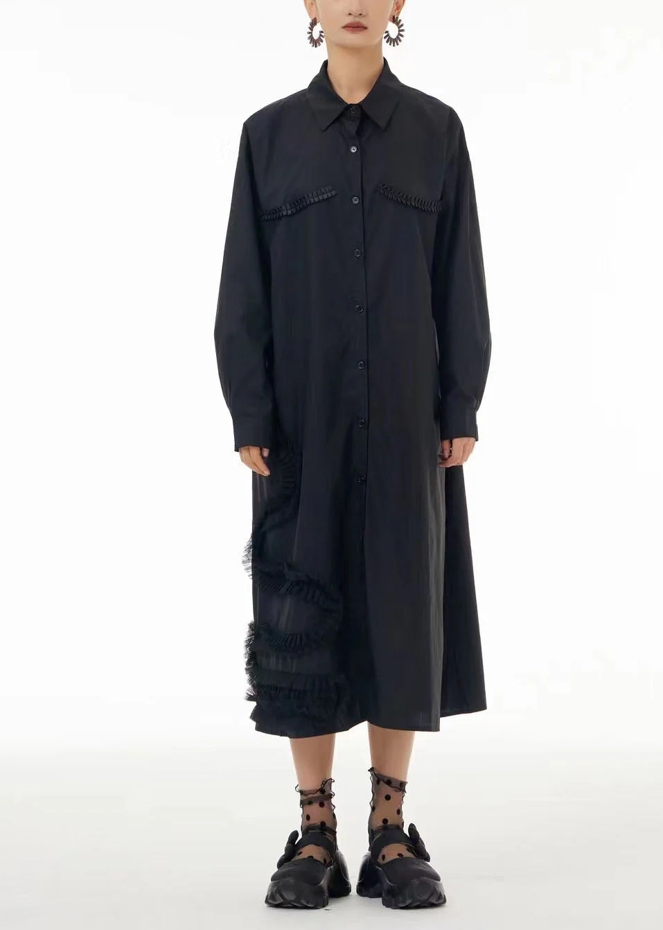 Fashion Black Oversized Patchwork Wrinkled Cotton Shirt Dress Spring - Image 3