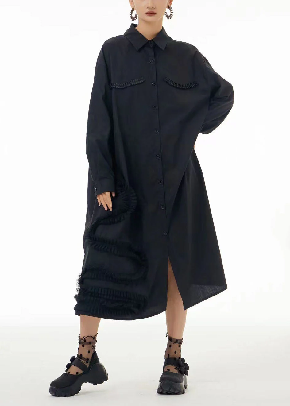 Fashion Black Oversized Patchwork Wrinkled Cotton Shirt Dress Spring - Image 4