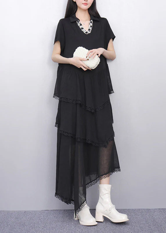 Fashion Black Peter Pan Collar Asymmetrical Long Cake Dress Short Sleeve - Image 2