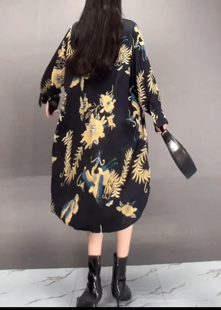 Fashion Black Peter Pan Collar Asymmetrical Print Long Dress Spring - Image 5