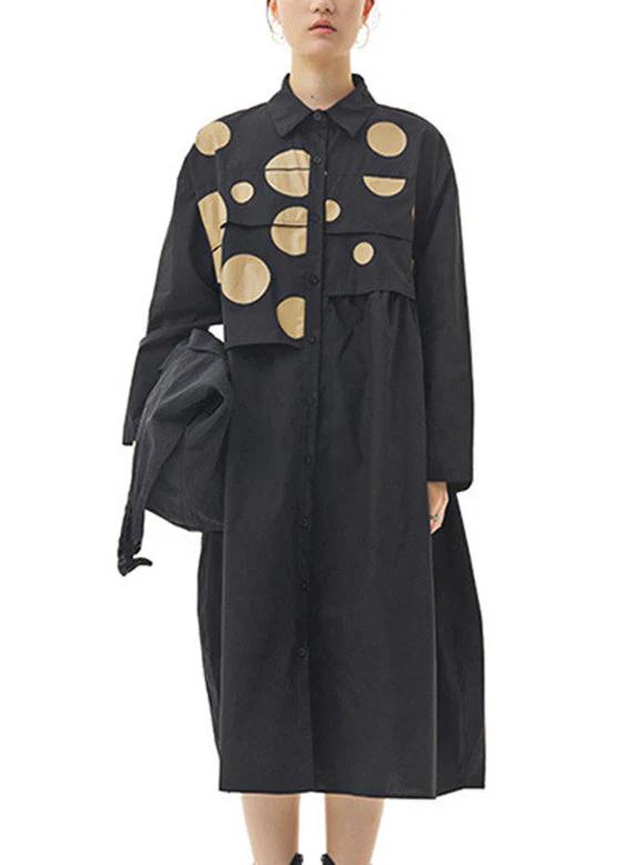 Fashion Black Peter Pan Collar Dot Patchwork Button Cotton Long Dress Spring - Image 2