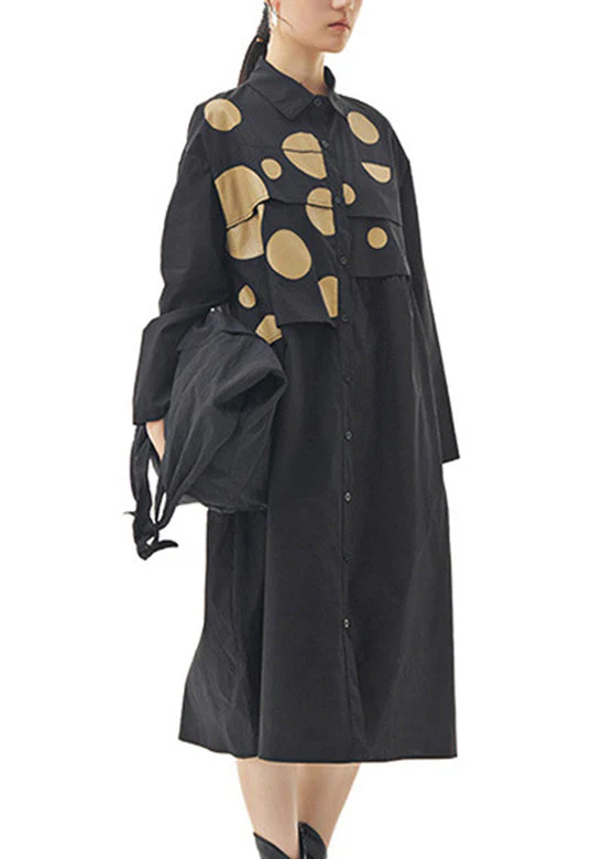 Fashion Black Peter Pan Collar Dot Patchwork Button Cotton Long Dress Spring - Image 3