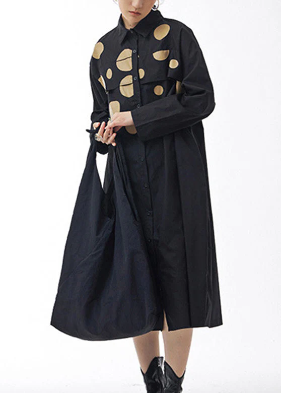 Fashion Black Peter Pan Collar Dot Patchwork Button Cotton Long Dress Spring - Image 4