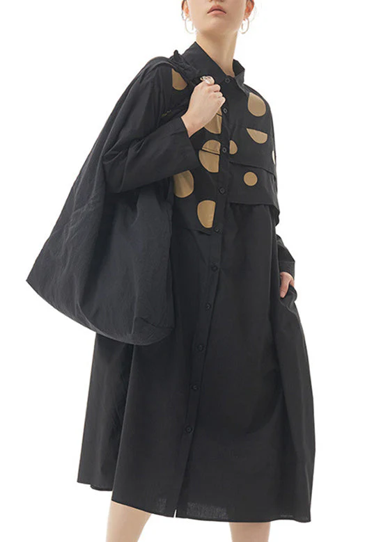 Fashion Black Peter Pan Collar Dot Patchwork Button Cotton Long Dress Spring - Image 5