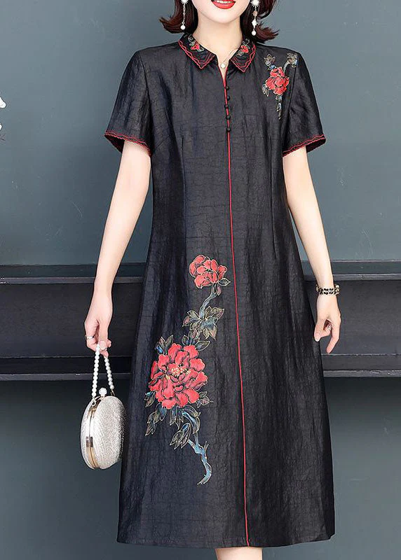 Fashion Black Peter Pan Collar Embroideried Silk Dress Summer - Image 2