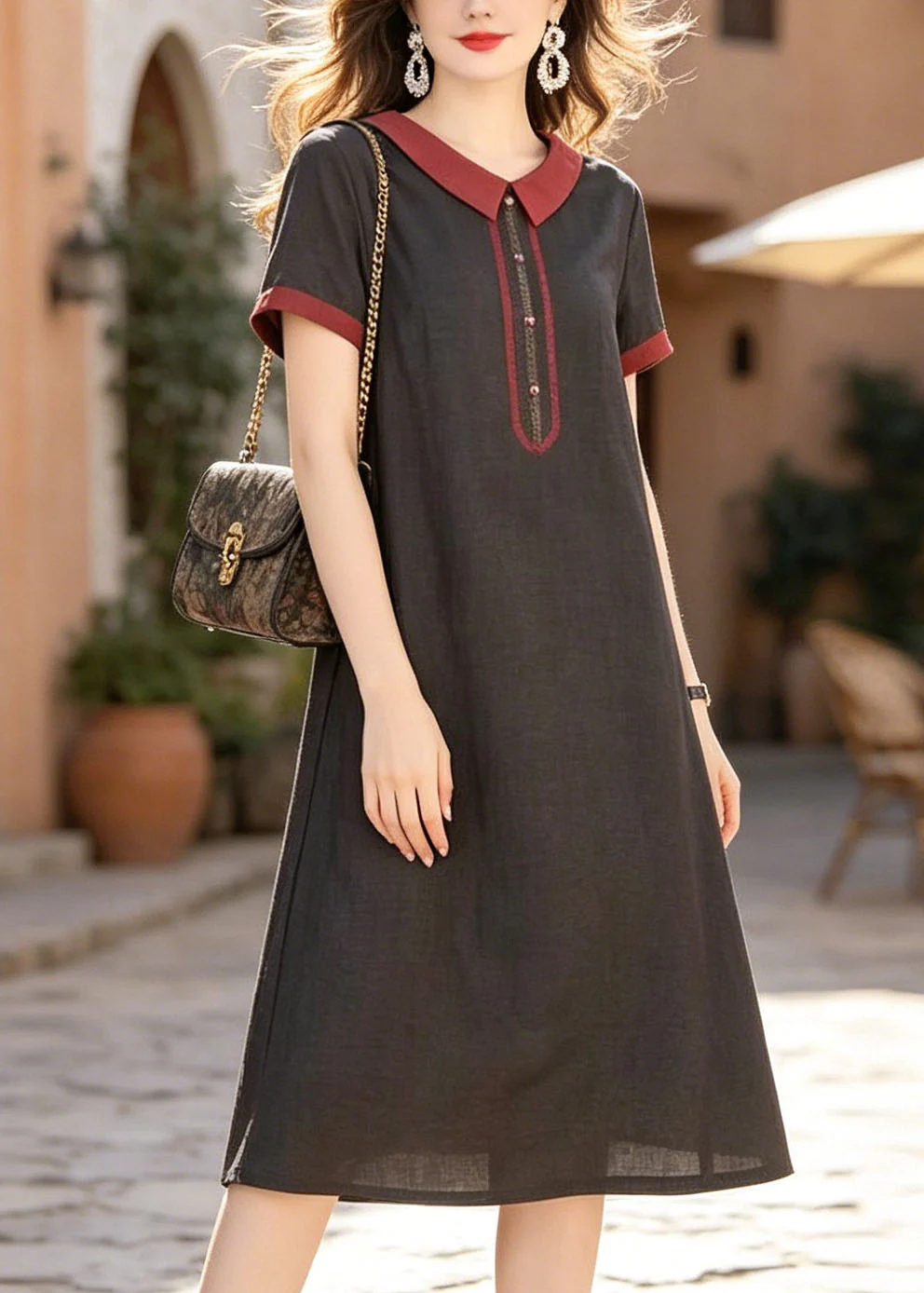Fashion Black Peter Pan Collar Pockets Silk Dress Summer - Image 2