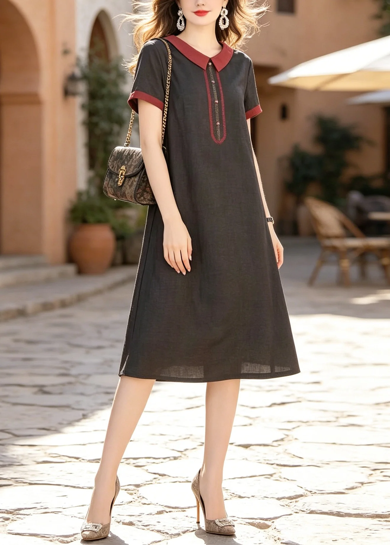 Fashion Black Peter Pan Collar Pockets Silk Dress Summer - Image 5