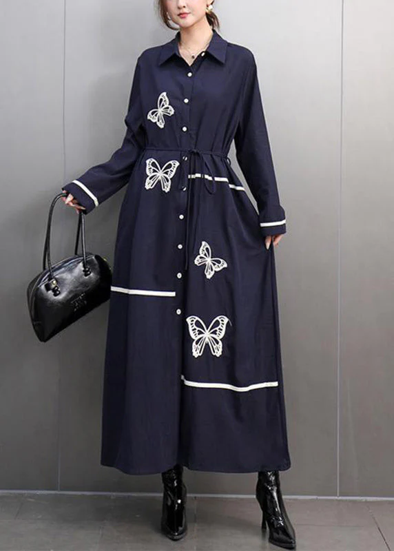 Fashion Black Peter Pan Collar Print Long Dress Spring - Image 3