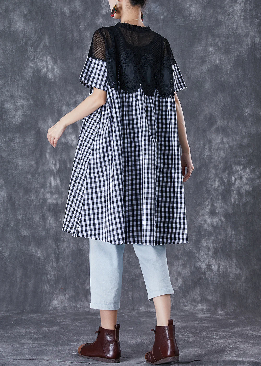 Fashion Black Plaid Patchwork Hollow Out Linen Dress Summer - Image 2