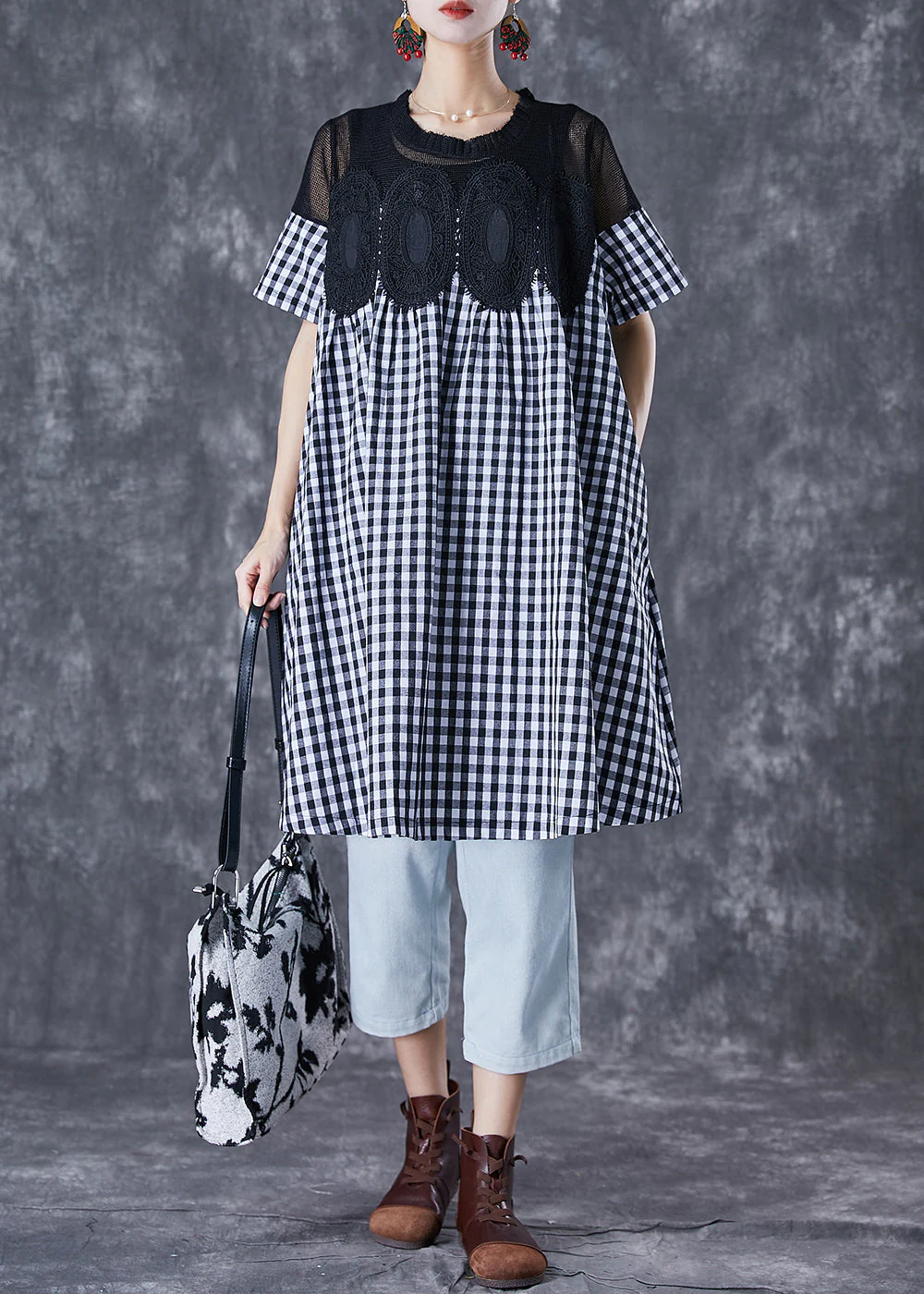 Fashion Black Plaid Patchwork Hollow Out Linen Dress Summer - Image 3