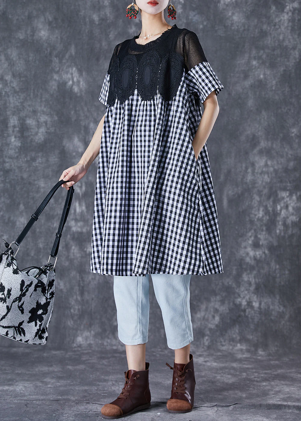 Fashion Black Plaid Patchwork Hollow Out Linen Dress Summer - Image 4