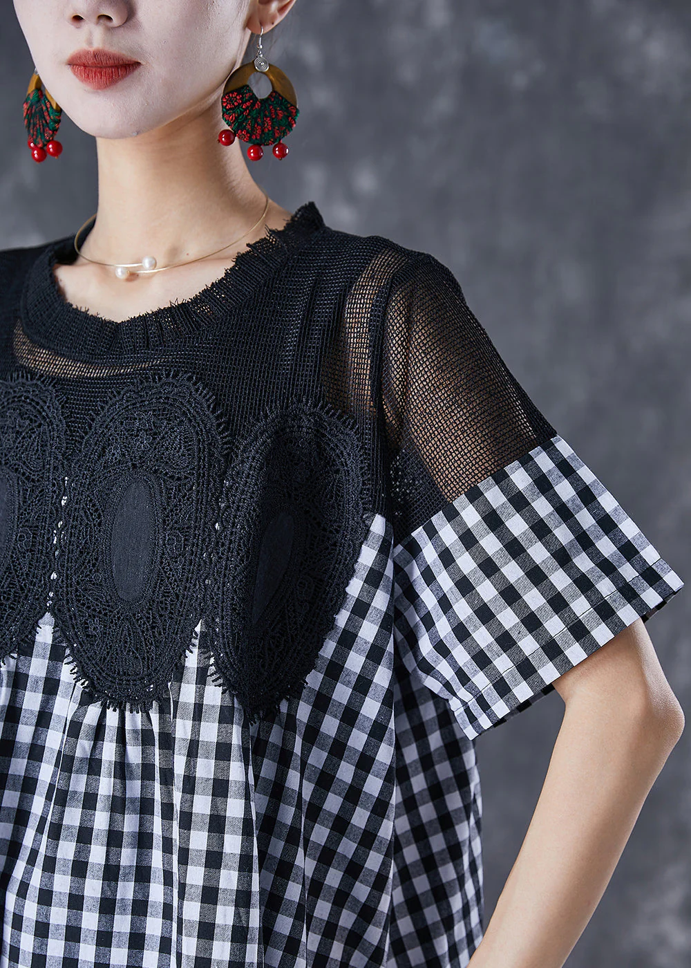 Fashion Black Plaid Patchwork Hollow Out Linen Dress Summer - Image 5