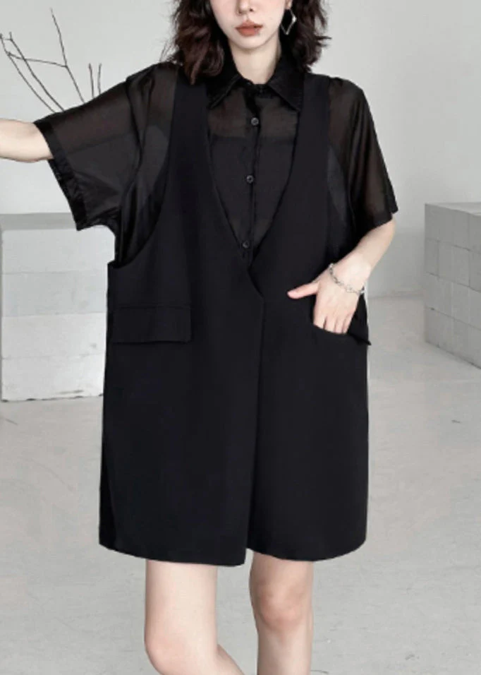 Fashion Black Pockets Patchwork FalseTwo Pieces Cotton Mid Dress Summer - Image 3