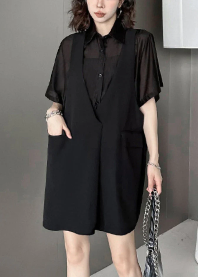 Fashion Black Pockets Patchwork FalseTwo Pieces Cotton Mid Dress Summer - Image 4