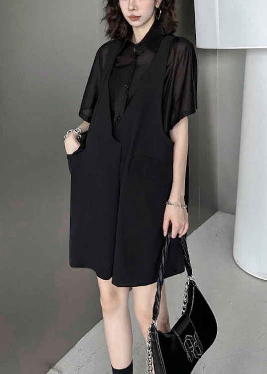 Fashion Black Pockets Patchwork FalseTwo Pieces Cotton Mid Dress Summer - Image 5