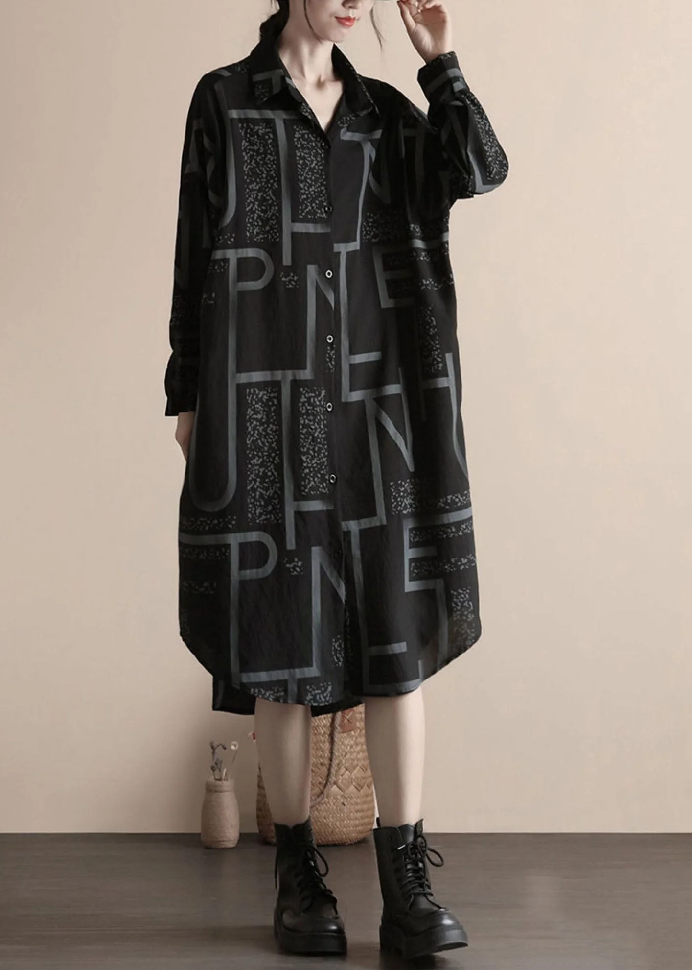 Fashion Black Print Button Patchwork Linen Shirts Dress Spring - Image 2