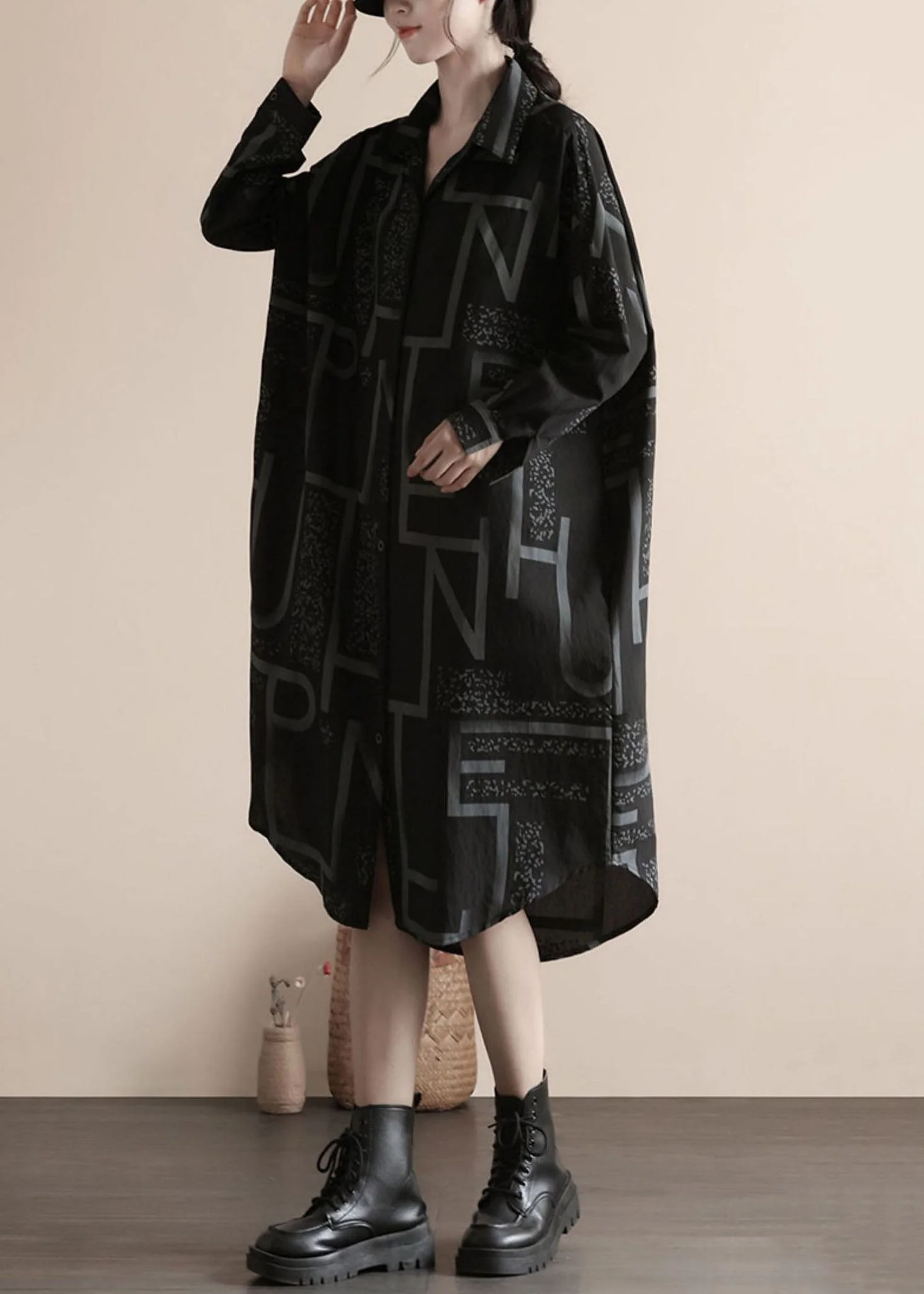 Fashion Black Print Button Patchwork Linen Shirts Dress Spring - Image 3