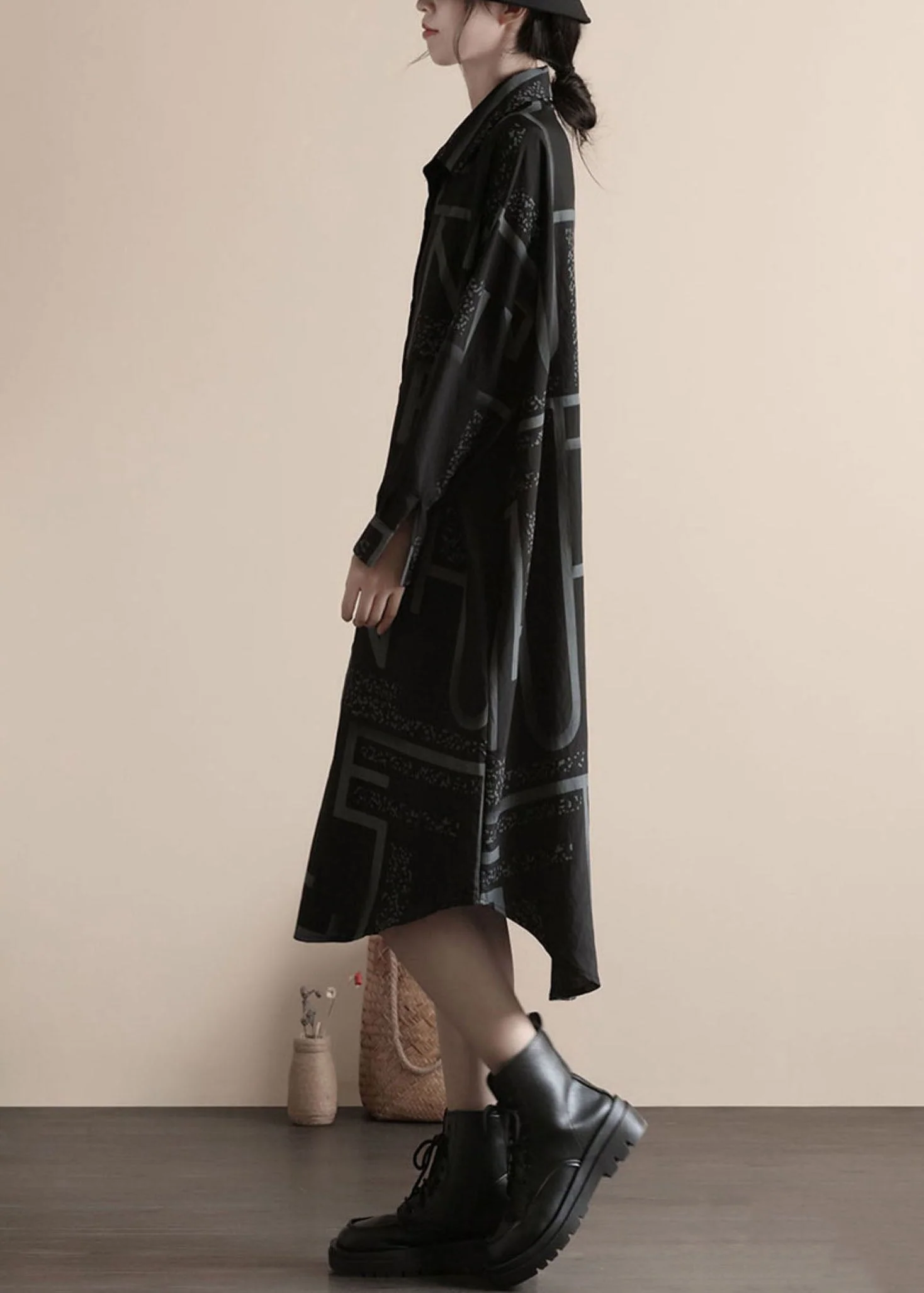 Fashion Black Print Button Patchwork Linen Shirts Dress Spring - Image 4