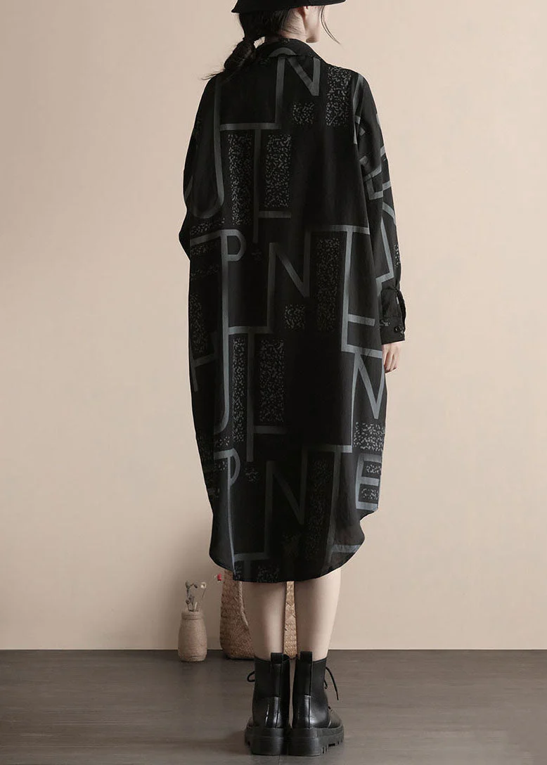 Fashion Black Print Button Patchwork Linen Shirts Dress Spring - Image 5