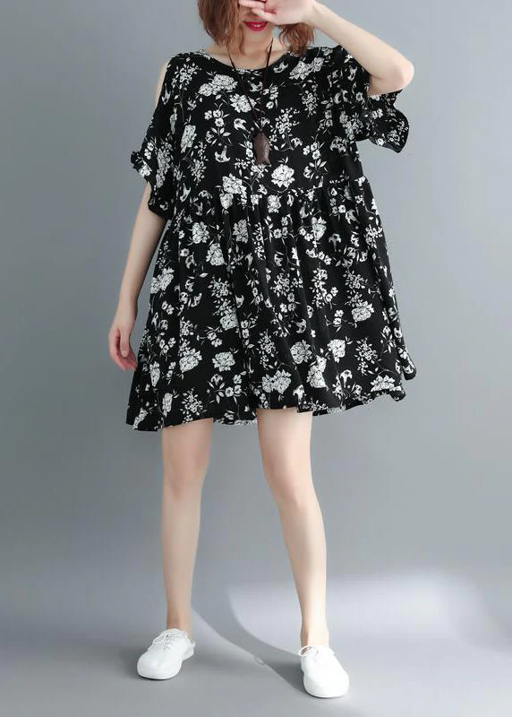 Fashion Black Print Cold Shoulder Cinched holiday Dress Short Sleeve - Image 2