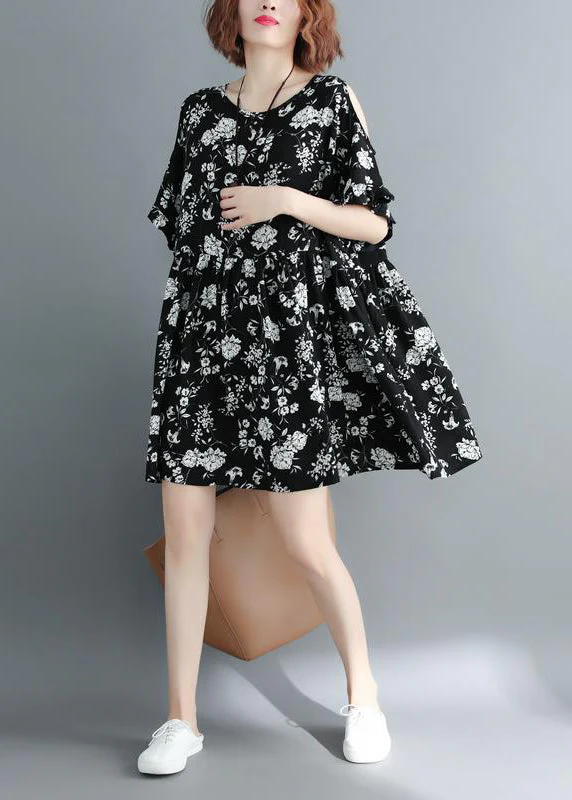 Fashion Black Print Cold Shoulder Cinched holiday Dress Short Sleeve - Image 3