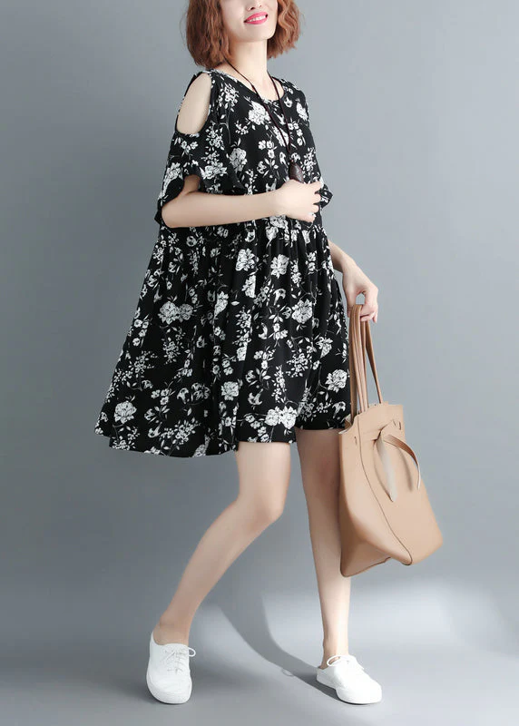 Fashion Black Print Cold Shoulder Cinched holiday Dress Short Sleeve - Image 4