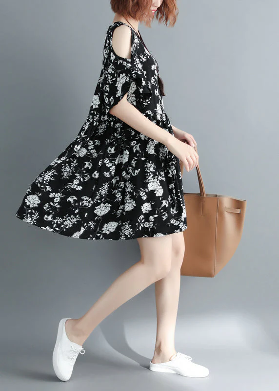 Fashion Black Print Cold Shoulder Cinched holiday Dress Short Sleeve - Image 5