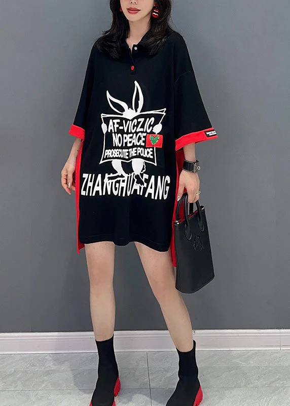 Fashion Black Print Patchwork Button Vacation Mid Dress Summer - Image 3