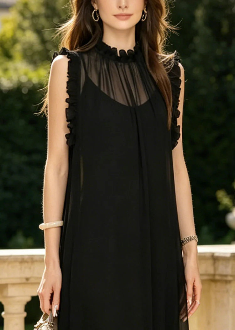 Fashion Black Ruffled Draping Chiffon Party Dress Sleeveless - Image 2