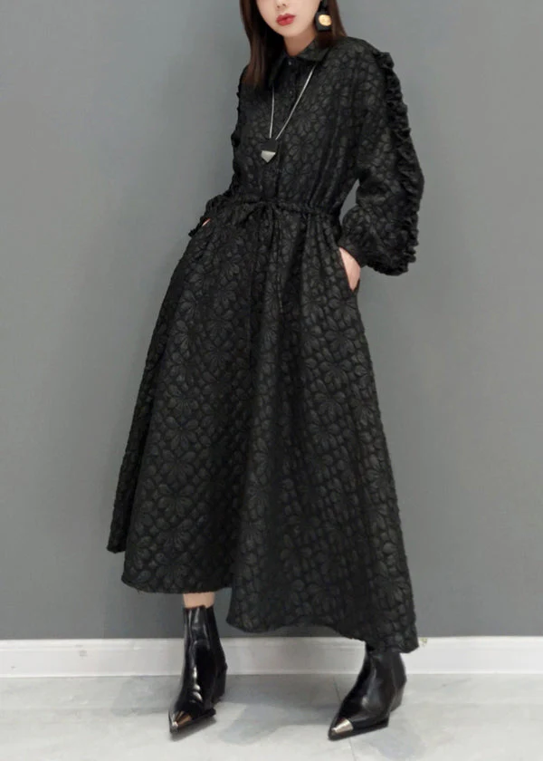 Fashion Black Ruffled Jacquard Patchwork Cotton Long Dress Fall - Image 2