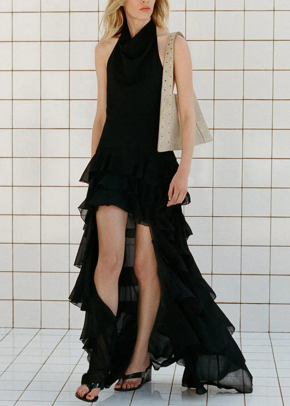 Fashion Black Ruffled Low High Design Chiffon Dresses Sleeveless