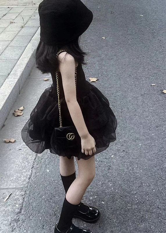 Fashion Black Ruffled Patchwork Tulle Kids Girls Robe Dresses Summer - Image 2